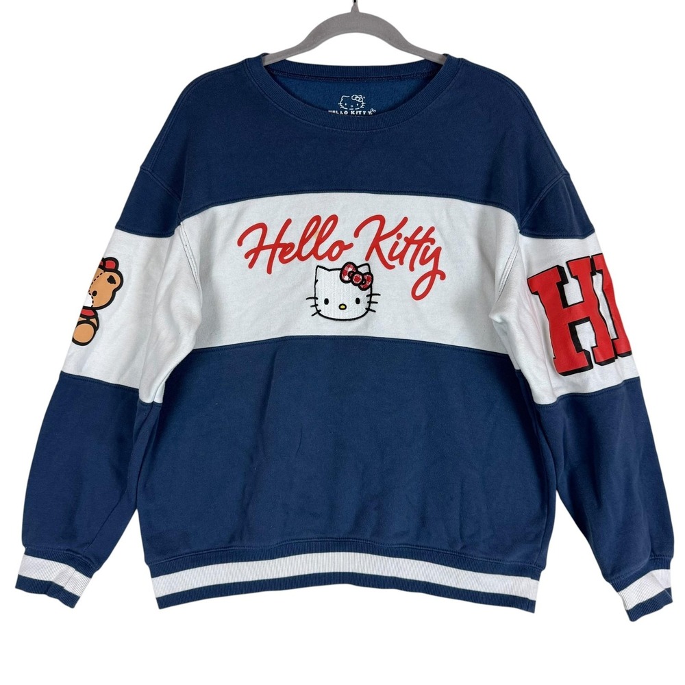 Hello Kitty Sweatshirt Womens Large Blue Colorblock HK Bear Graphic Pullover